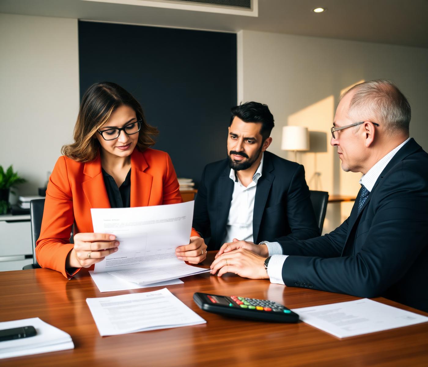 Consultores analisando contrato de financiamento com cliente.